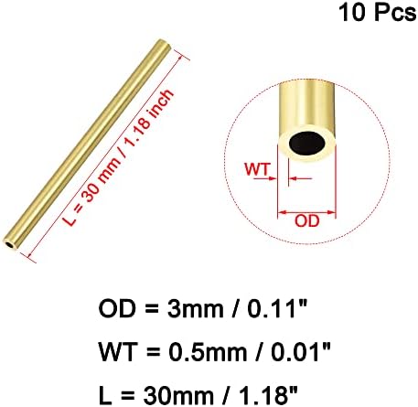 OFOWIN [10 PCS] צינור עגול פליז אורך 30 ממ 3 ממ 3 ממ OD0.5 ממ עובי קיר, צינורות צינור ישר של נחושת